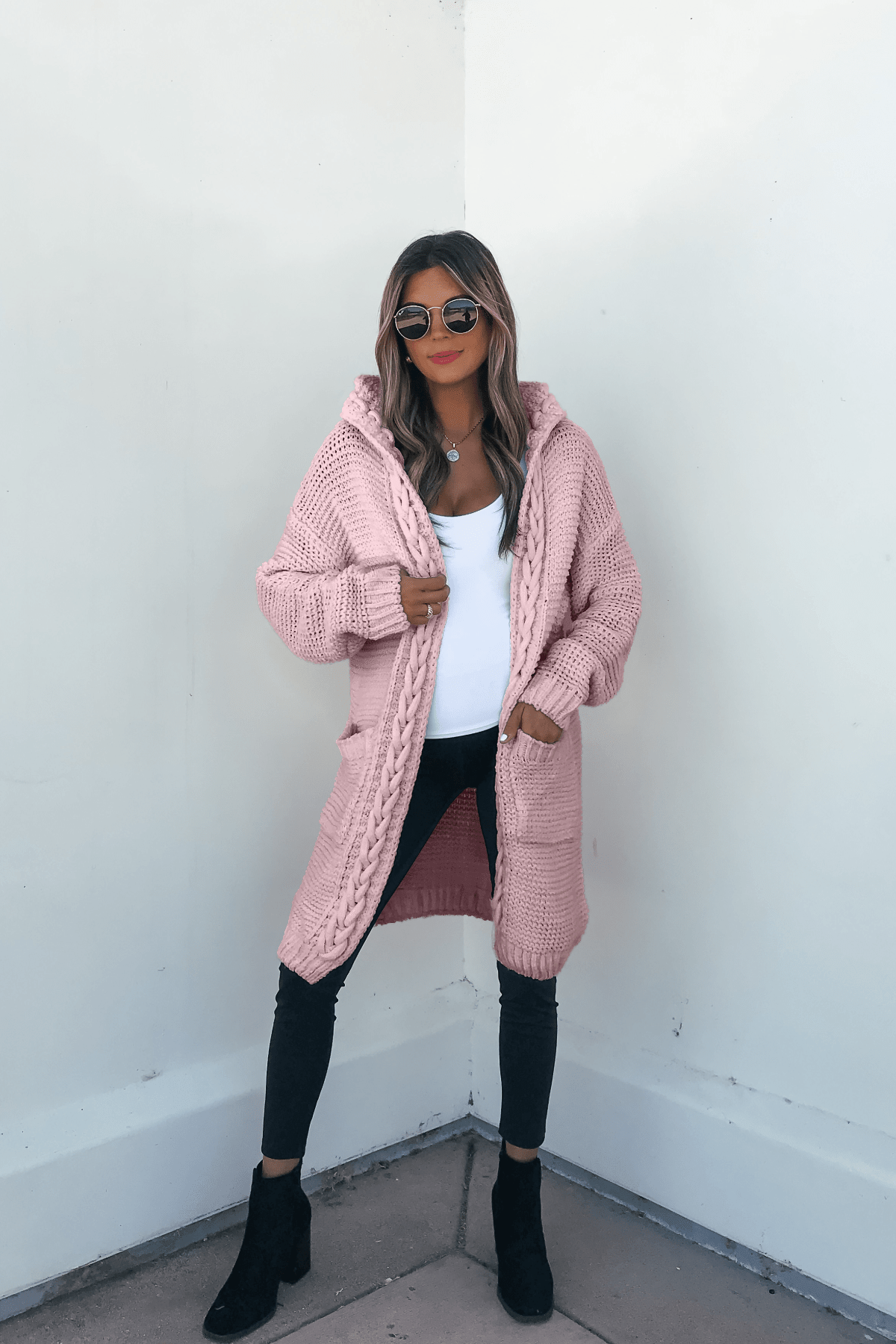Dusty Rose Braided Trim Hooded Cardigan - FINAL SALE