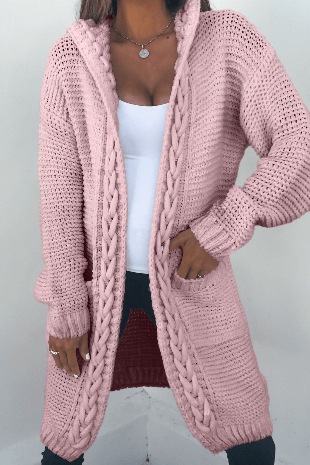 Dusty Rose Braided Trim Hooded Cardigan - FINAL SALE