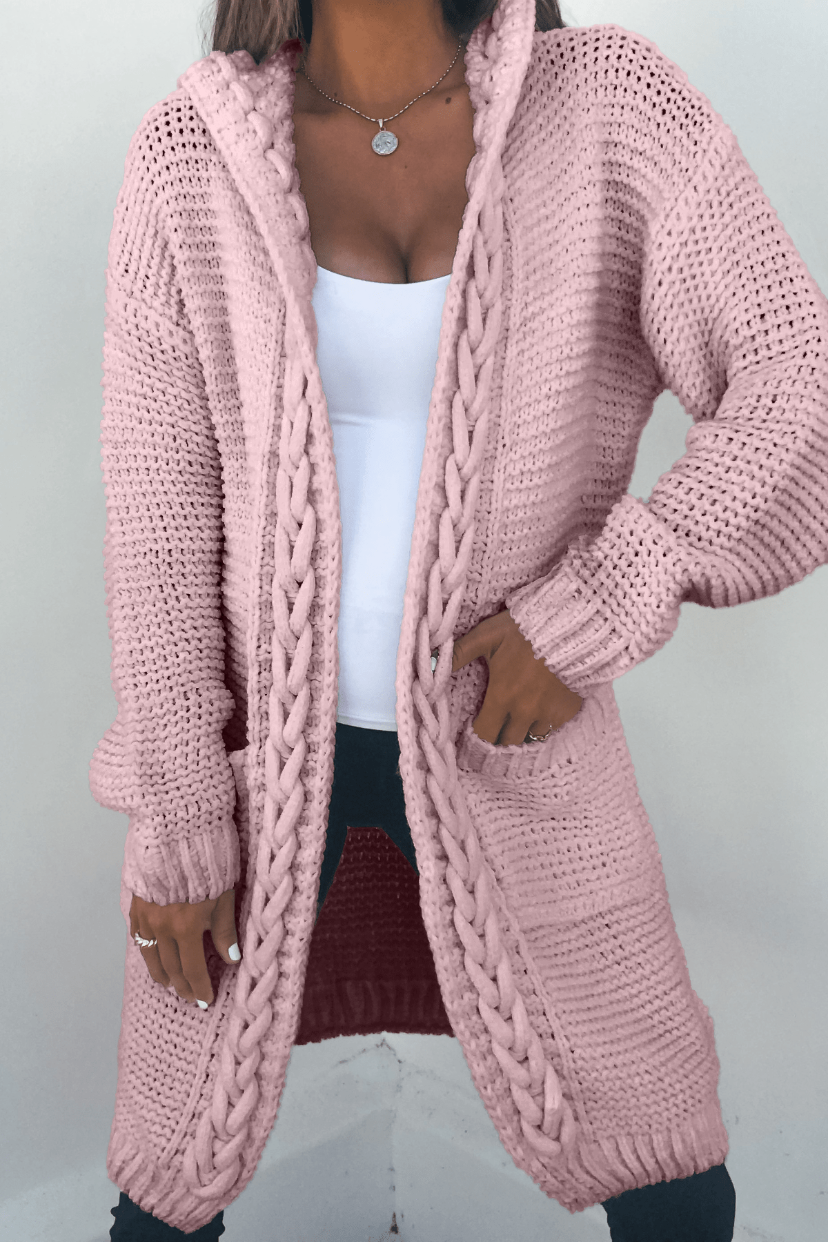Dusty Rose Braided Trim Hooded Cardigan - FINAL SALE