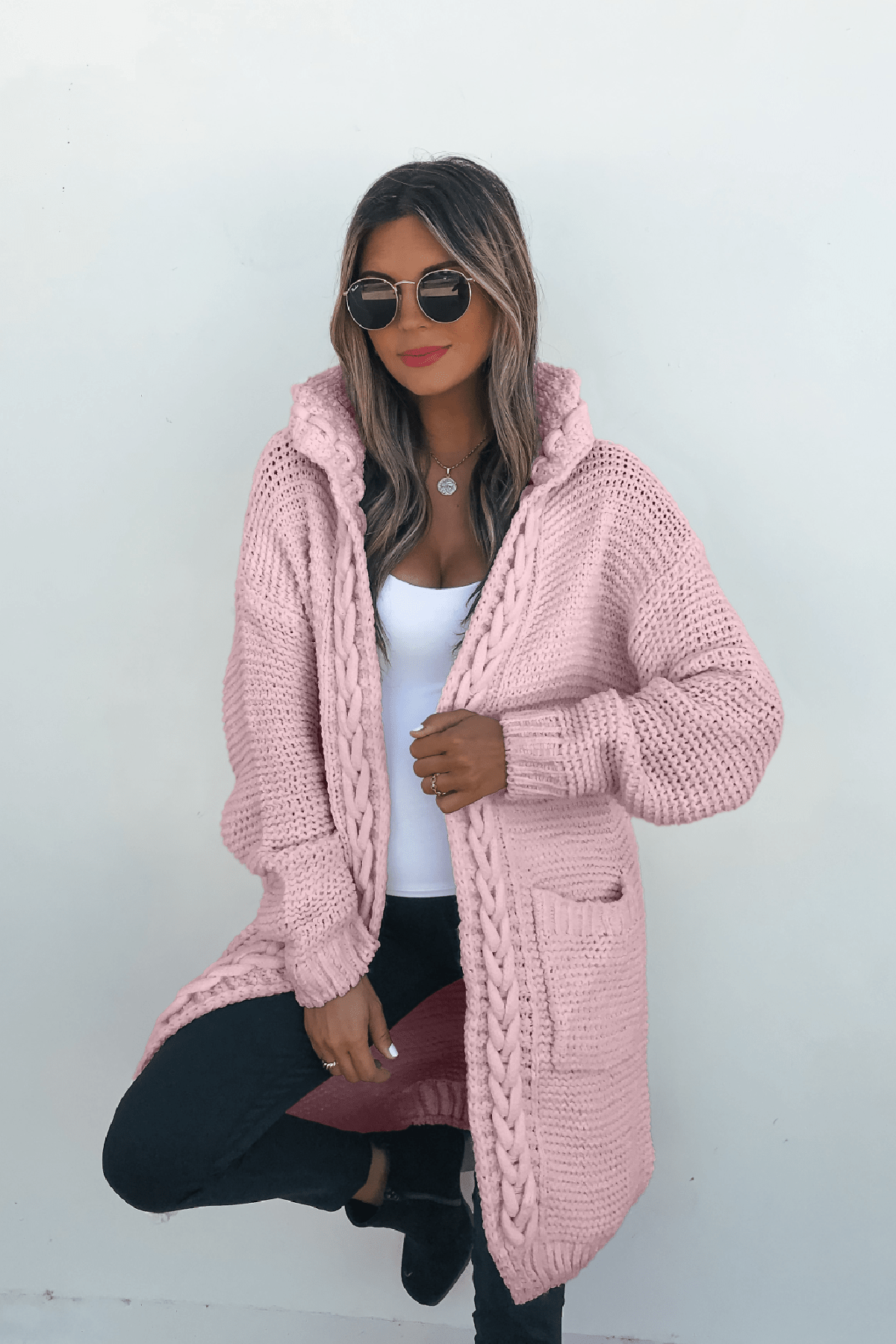 Dusty Rose Braided Trim Hooded Cardigan - FINAL SALE