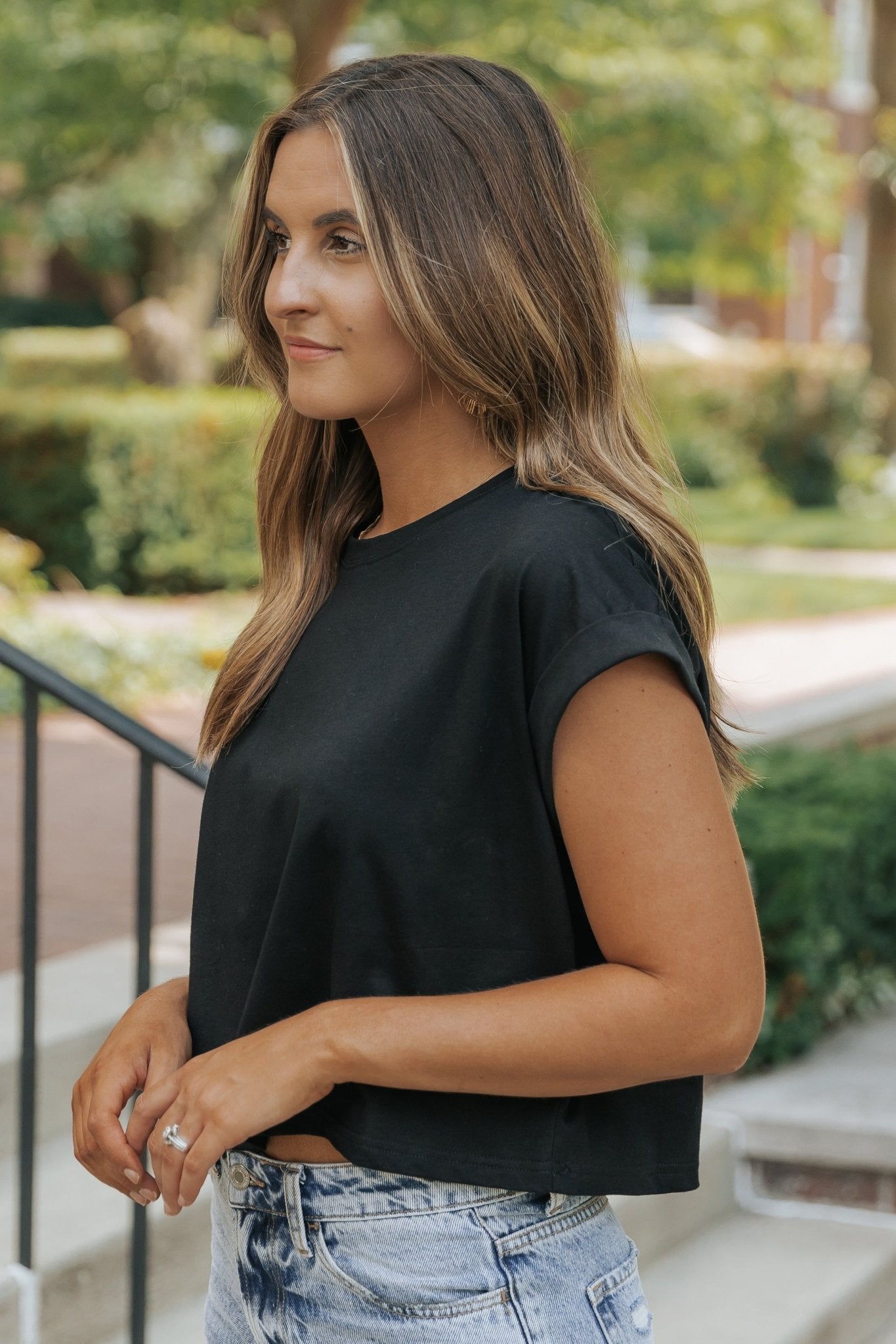 Editor's Choice Black Cotton Cuff Sleeve Top
