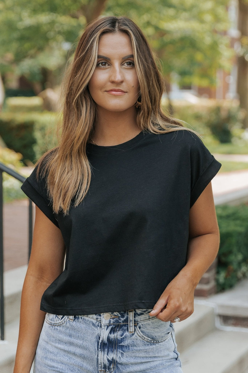 Editor's Choice Black Cotton Cuff Sleeve Top