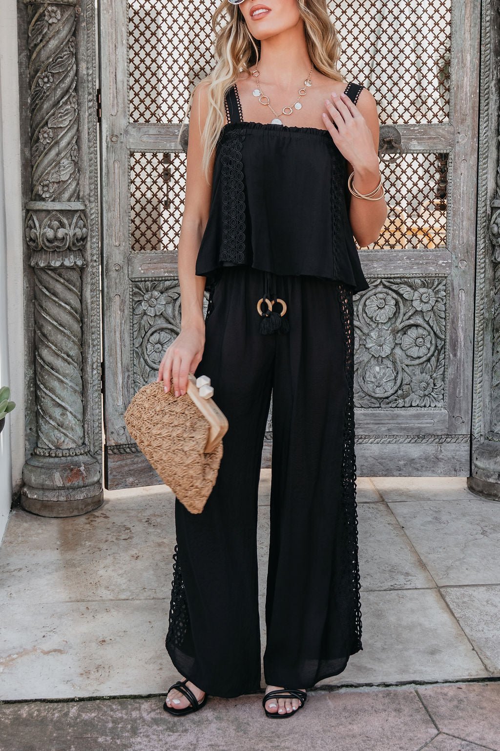 ELAN Black Lace Trim Tank Top