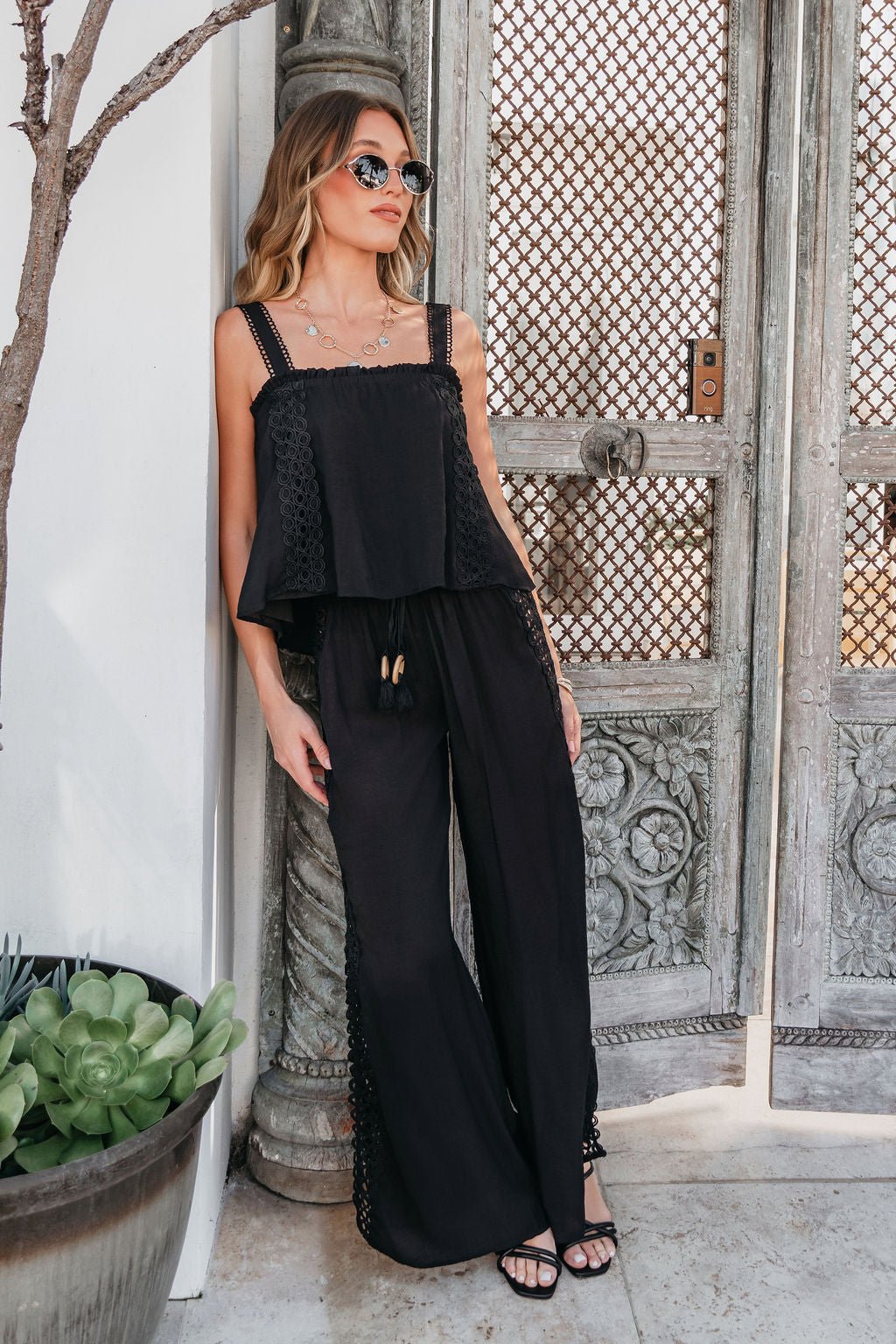 ELAN Black Lace Trim Wide Leg Pants
