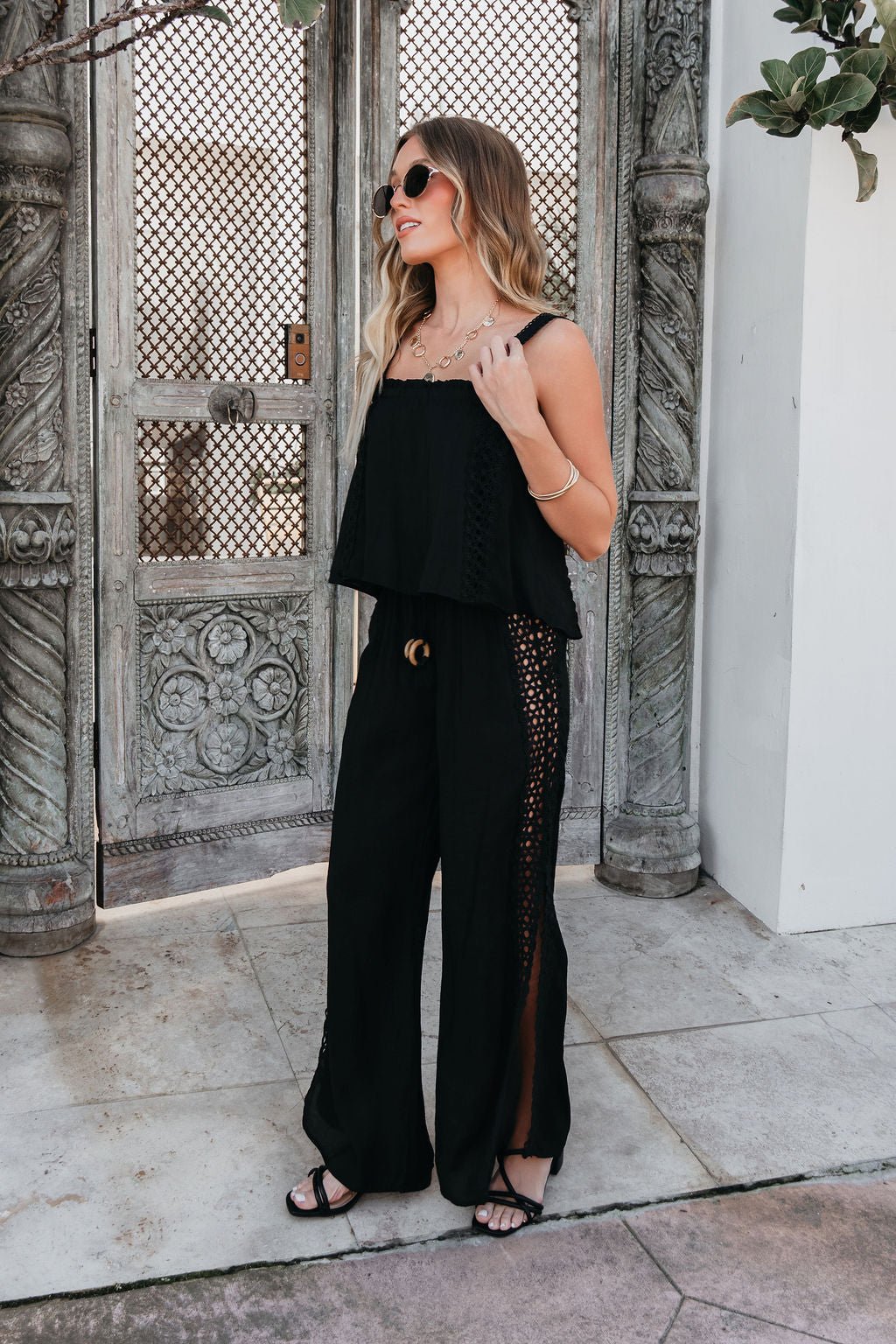 ELAN Black Lace Trim Wide Leg Pants