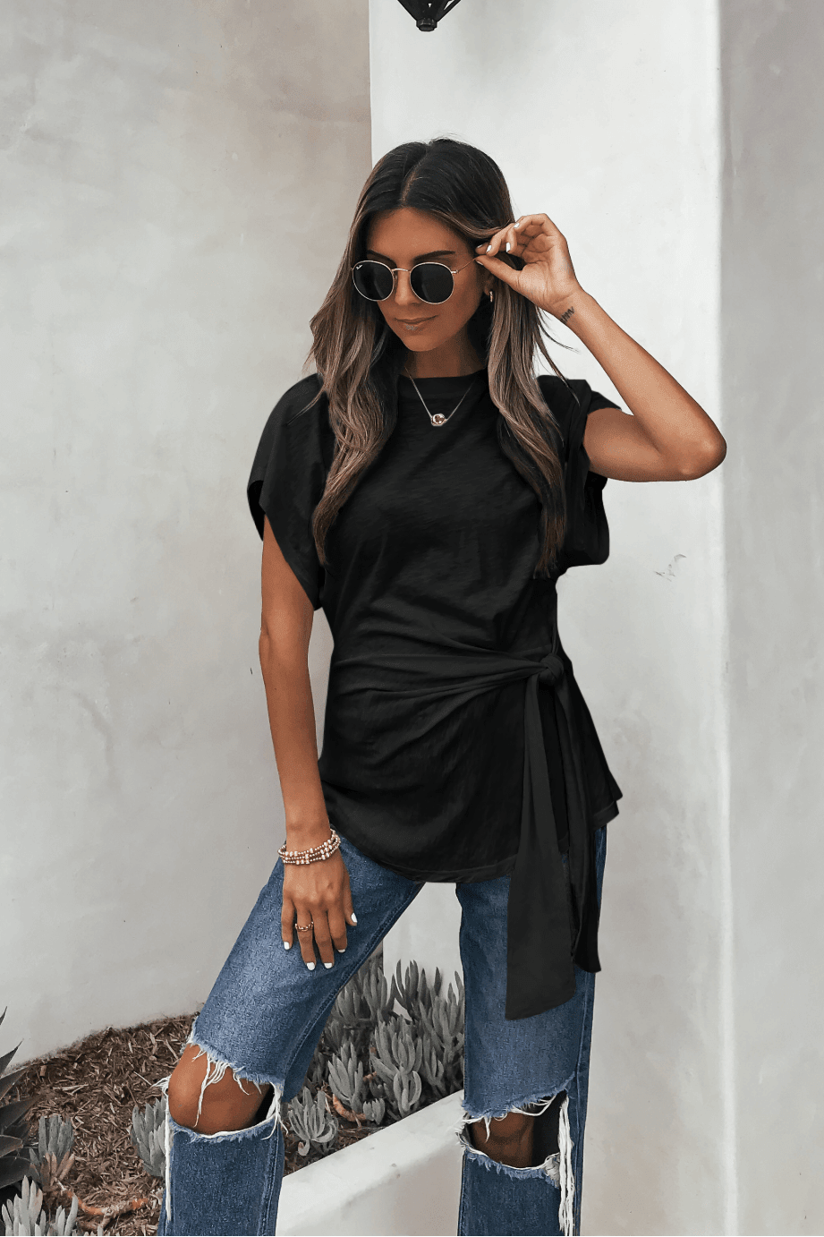 Elan Black Side Tie Detail Top