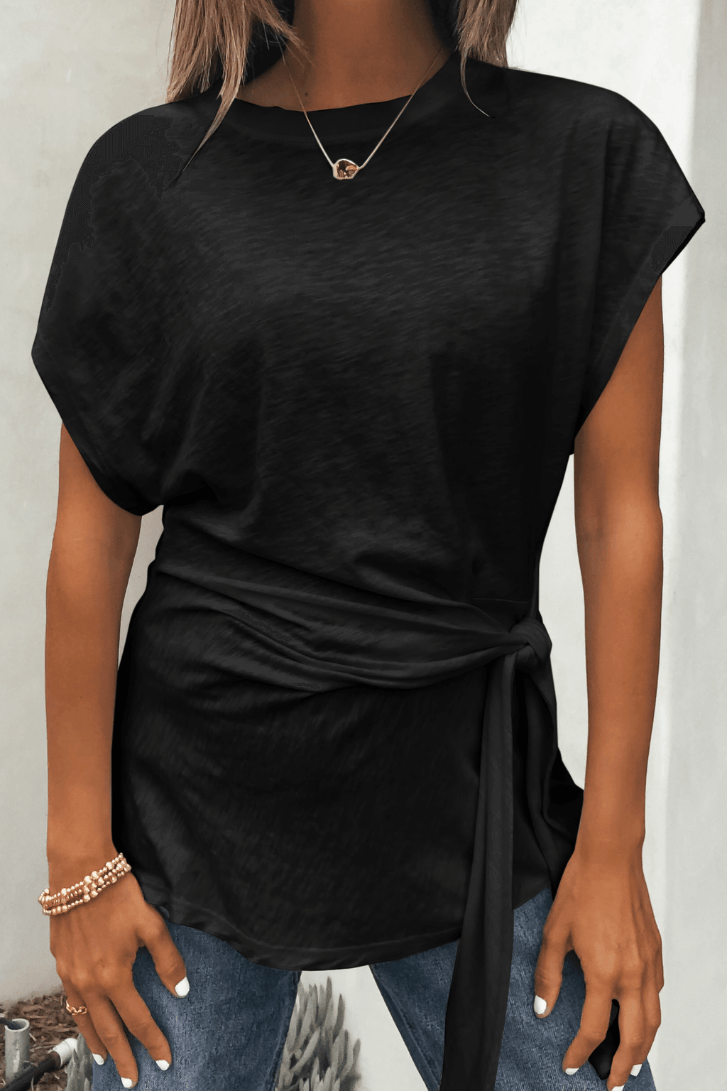 Elan Black Side Tie Detail Top