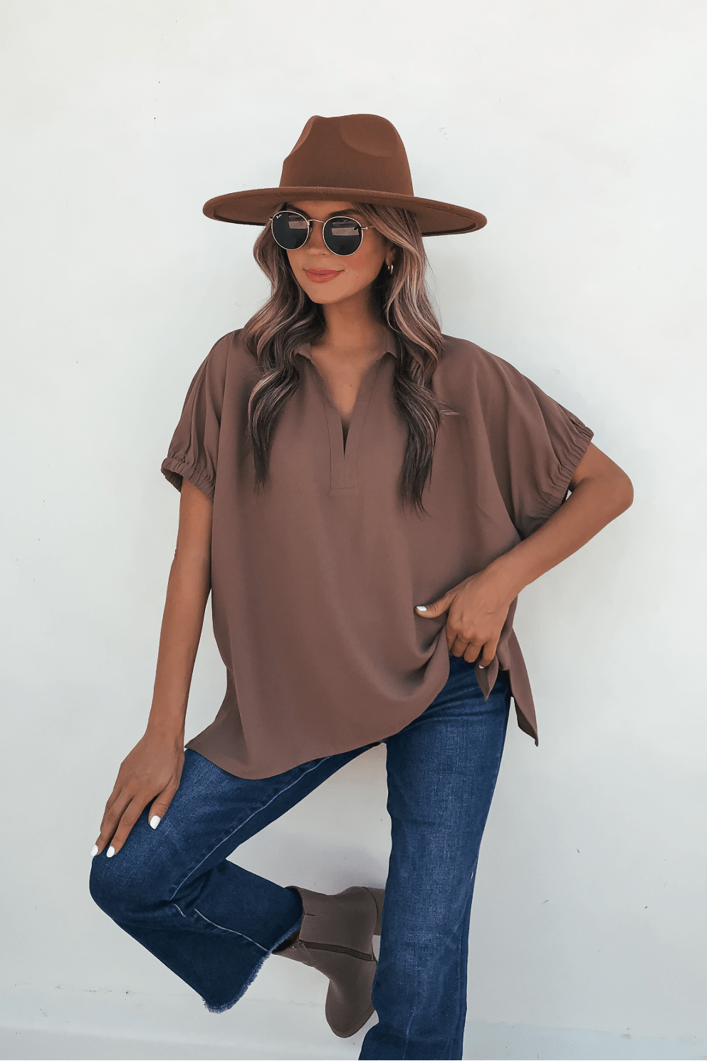 Ellis Camel Split Collared Top - FINAL SALE