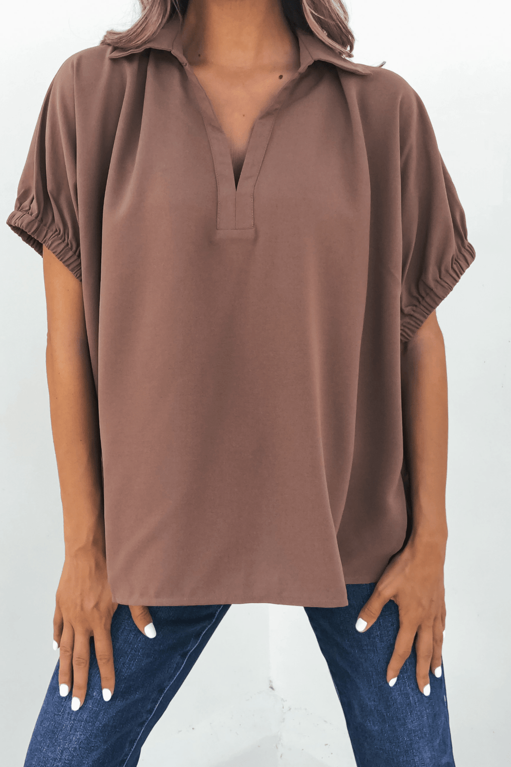 Ellis Camel Split Collared Top - FINAL SALE