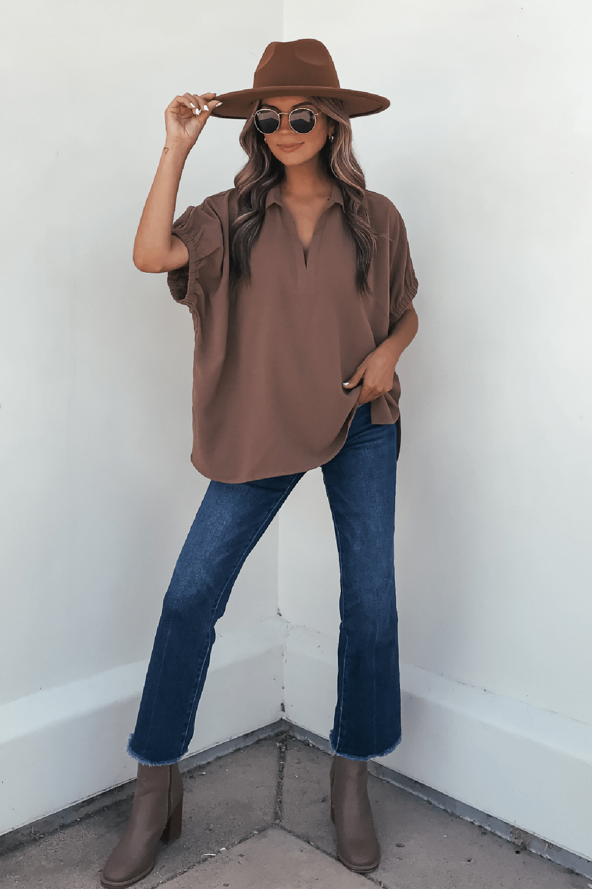 Ellis Camel Split Collared Top - FINAL SALE