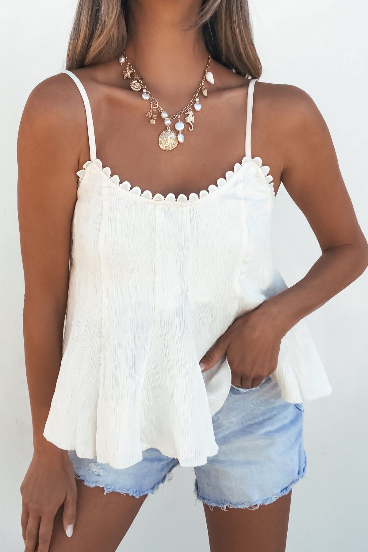 Vivienne Ivory Flowy Pleated Tank Top
