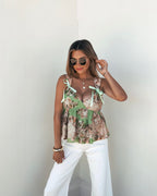 Green Floral Silk Babydoll Tank Top