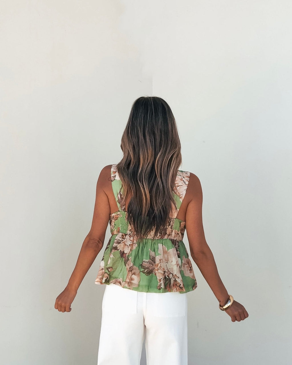 Green Floral Silk Babydoll Tank Top