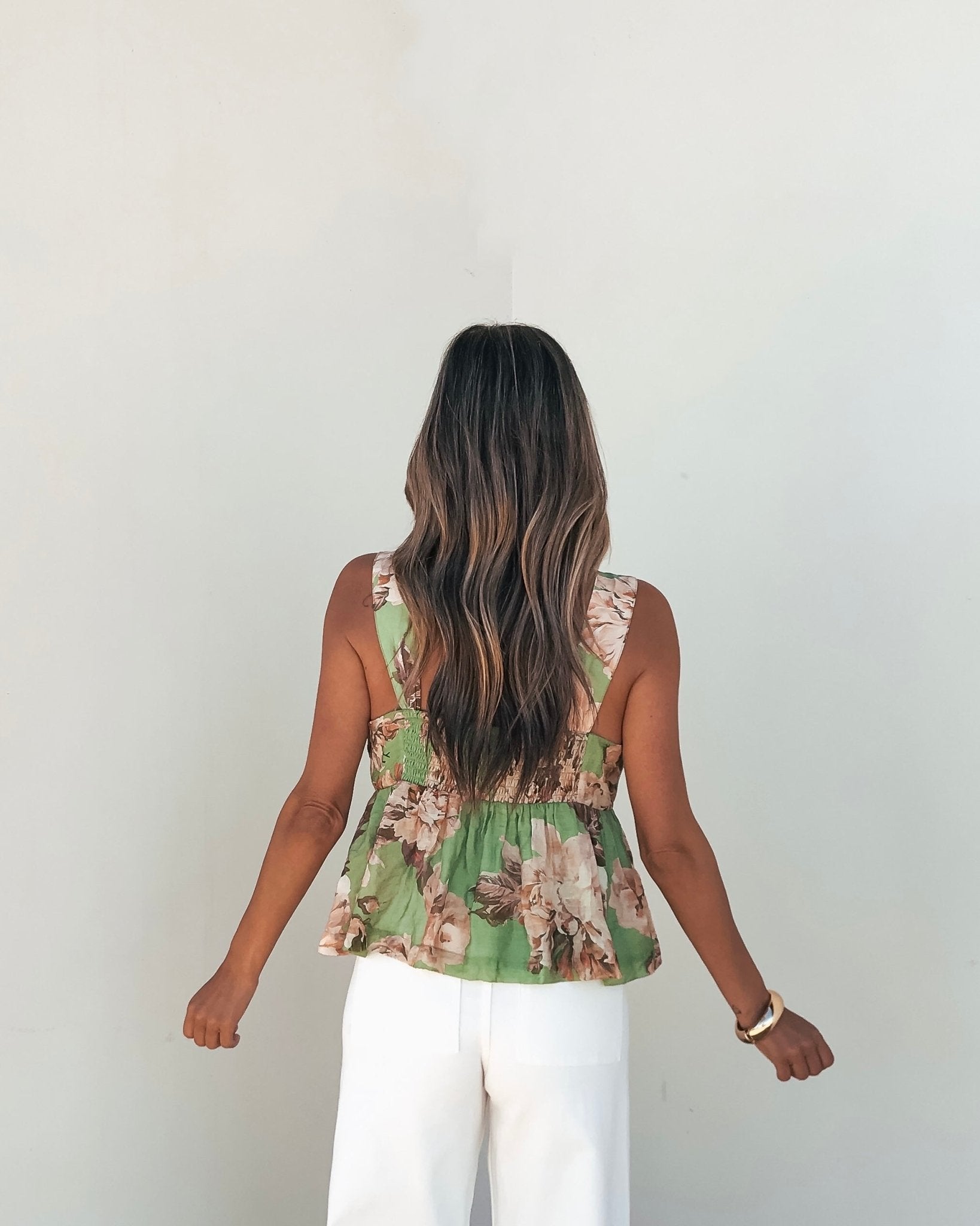 Green Floral Silk Babydoll Tank Top