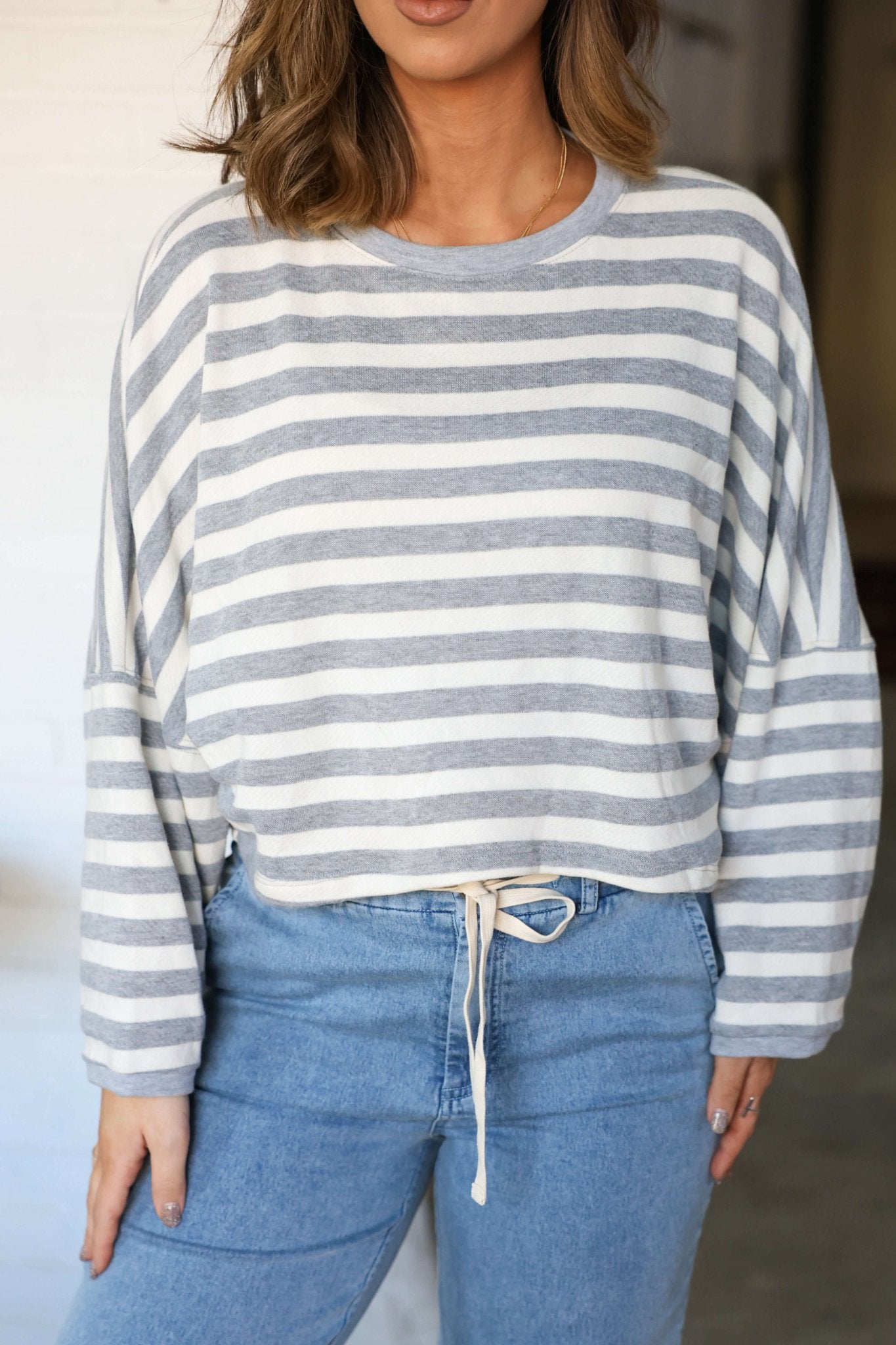 Grey and White Striped Boxy Pullover-FINAL SALE