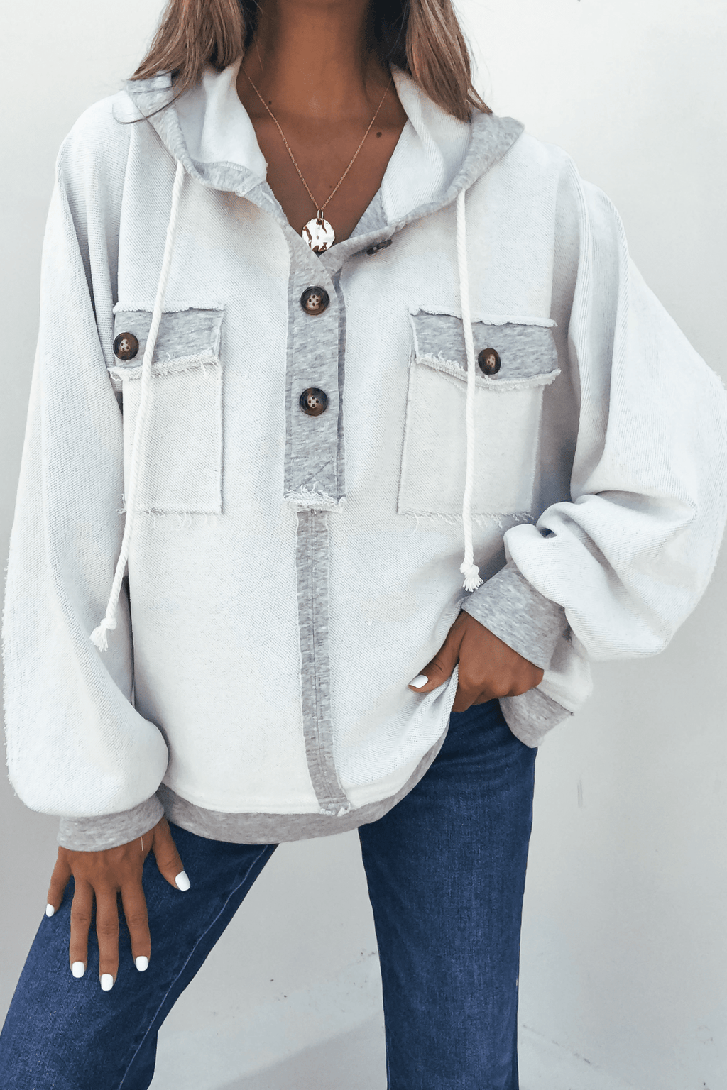 Grey Contrast Half Button Up Hooded Sweatshirt - FINAL SALE