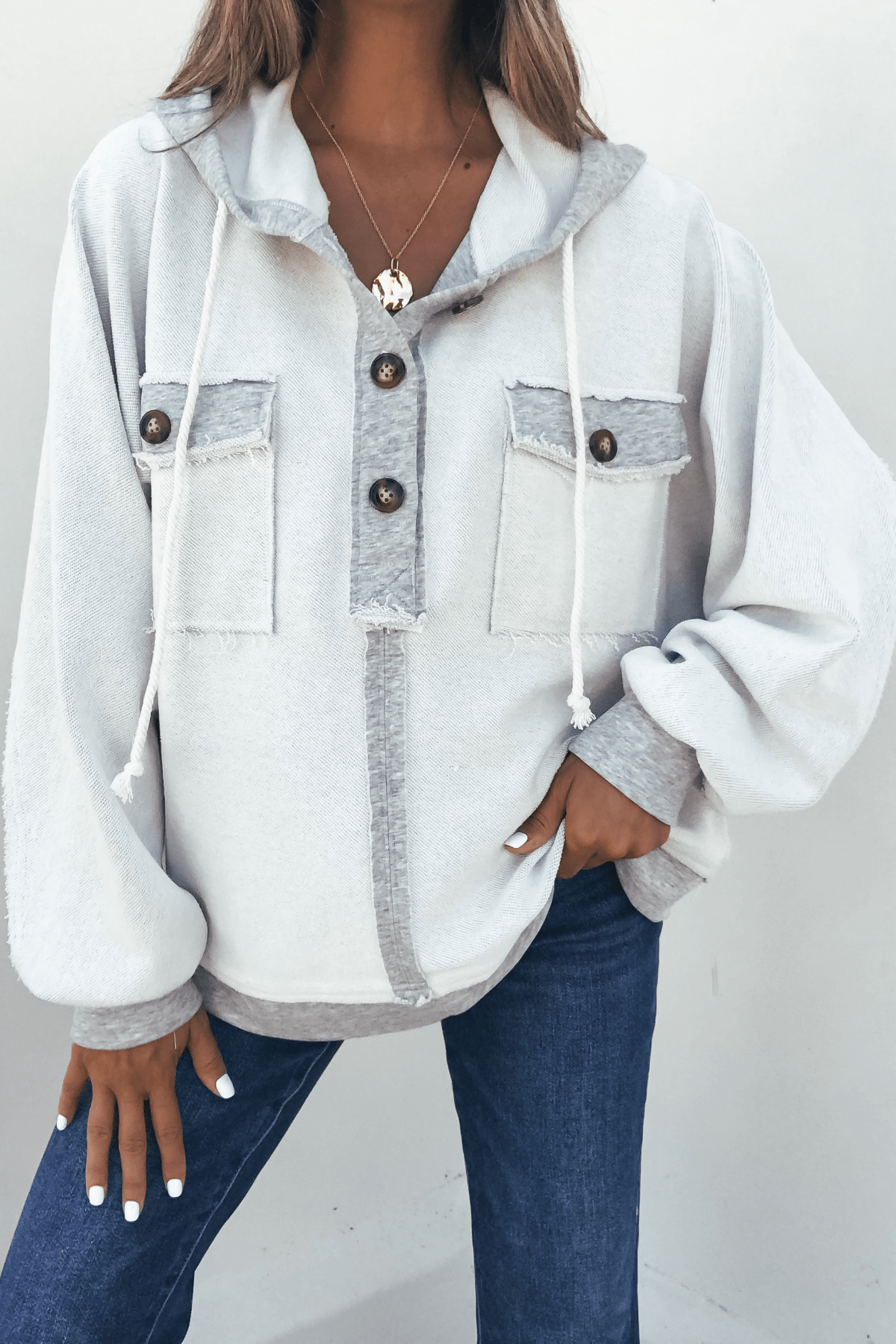 Grey Contrast Half Button Up Hooded Sweatshirt - FINAL SALE