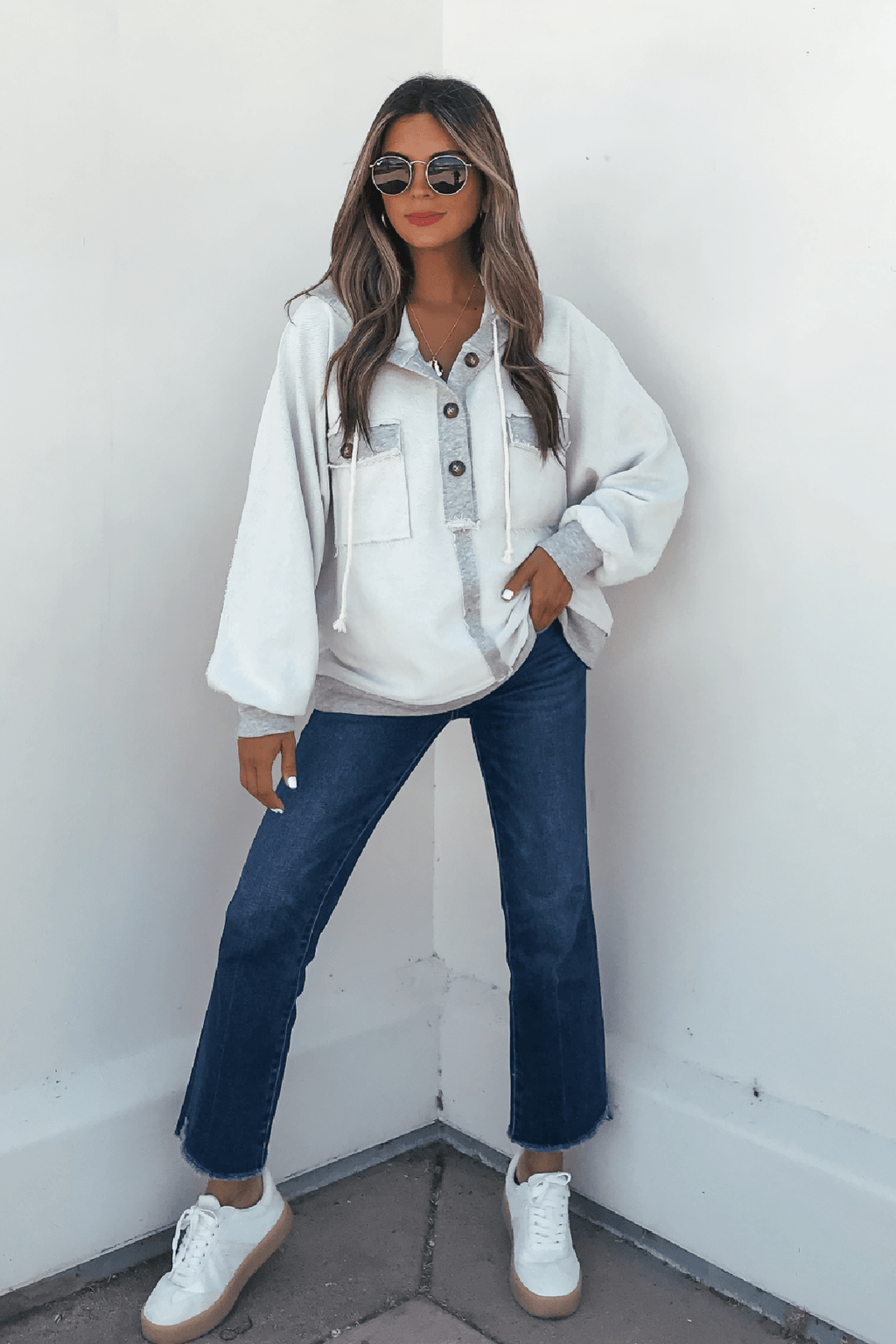 Grey Contrast Half Button Up Hooded Sweatshirt - FINAL SALE