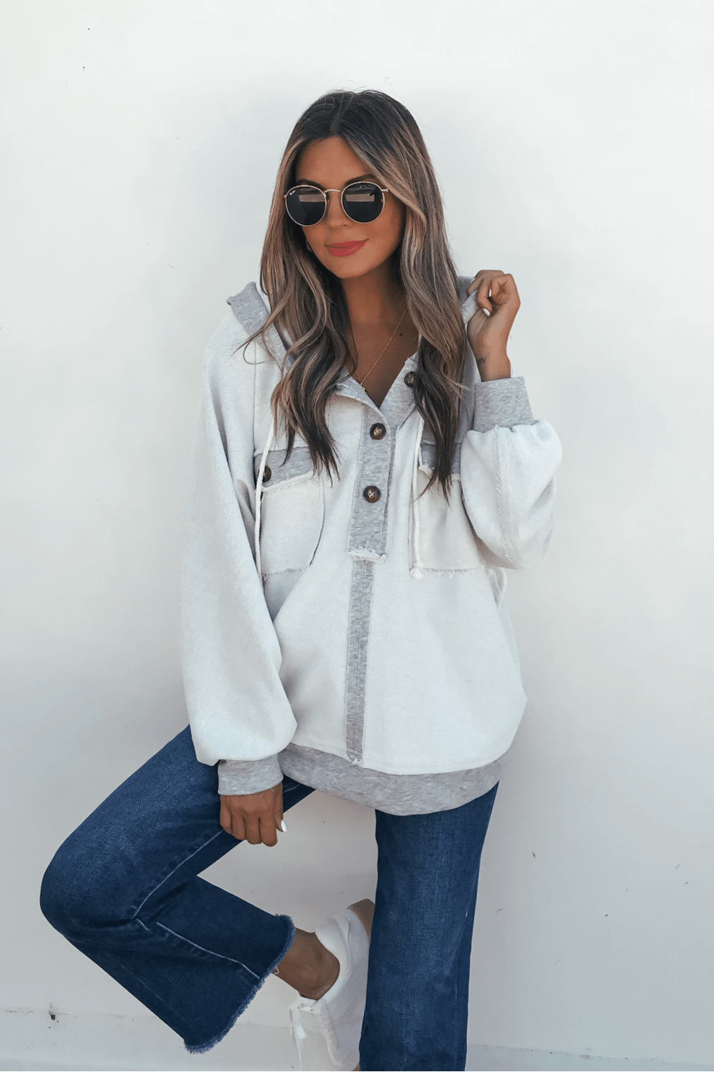 Grey Contrast Half Button Up Hooded Sweatshirt - FINAL SALE