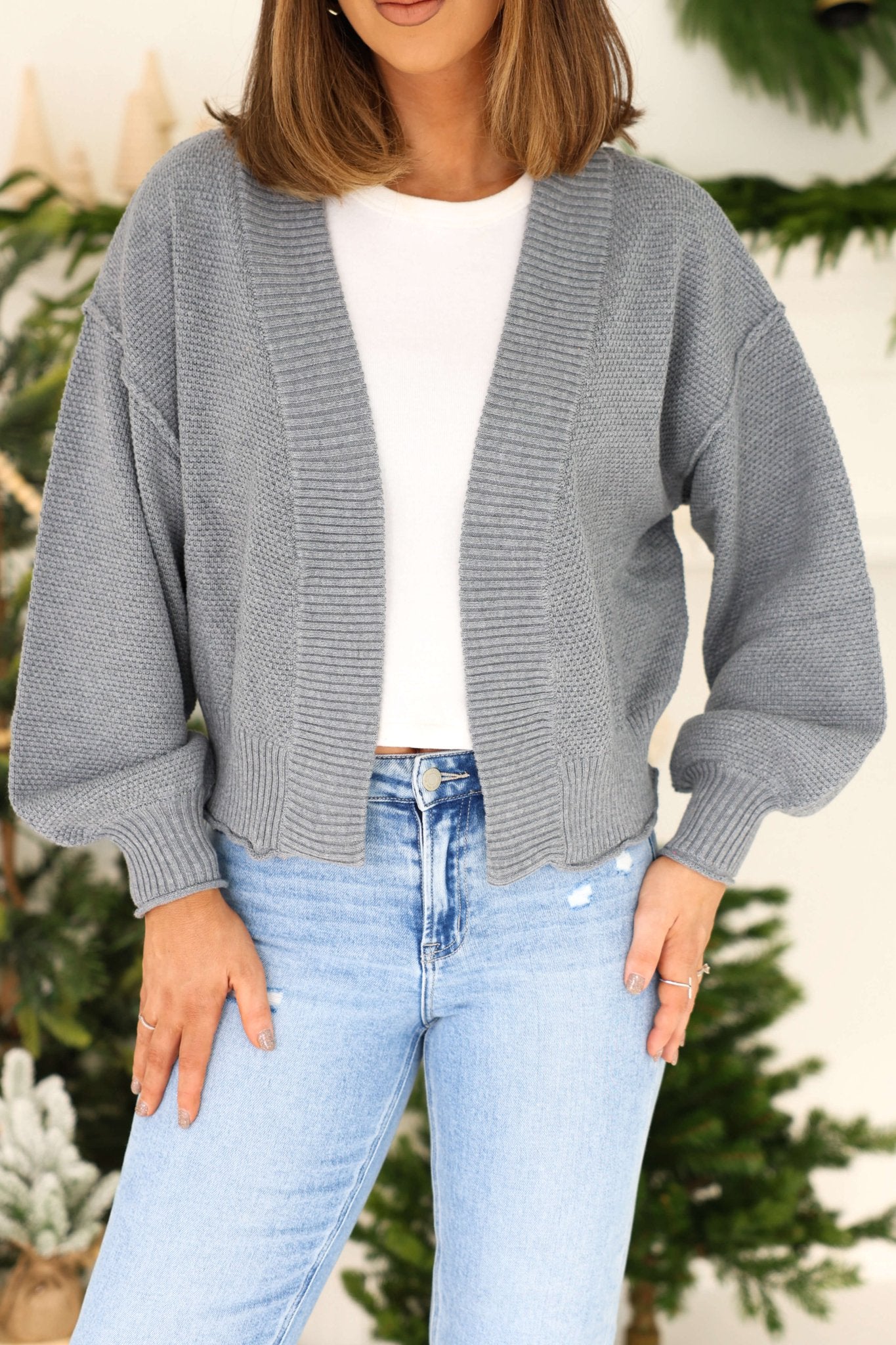 Grey Waffle Knit Open Front Cardigan - FINAL SALE