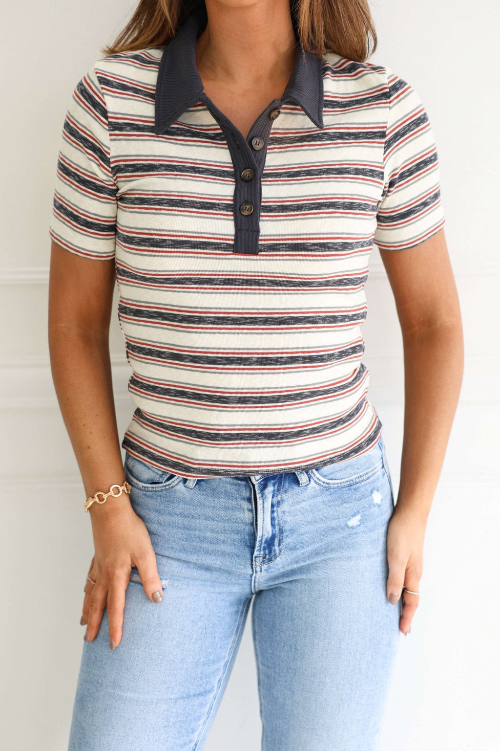 Ivory Contrast Striped Rib Polo Top-FINAL SALE