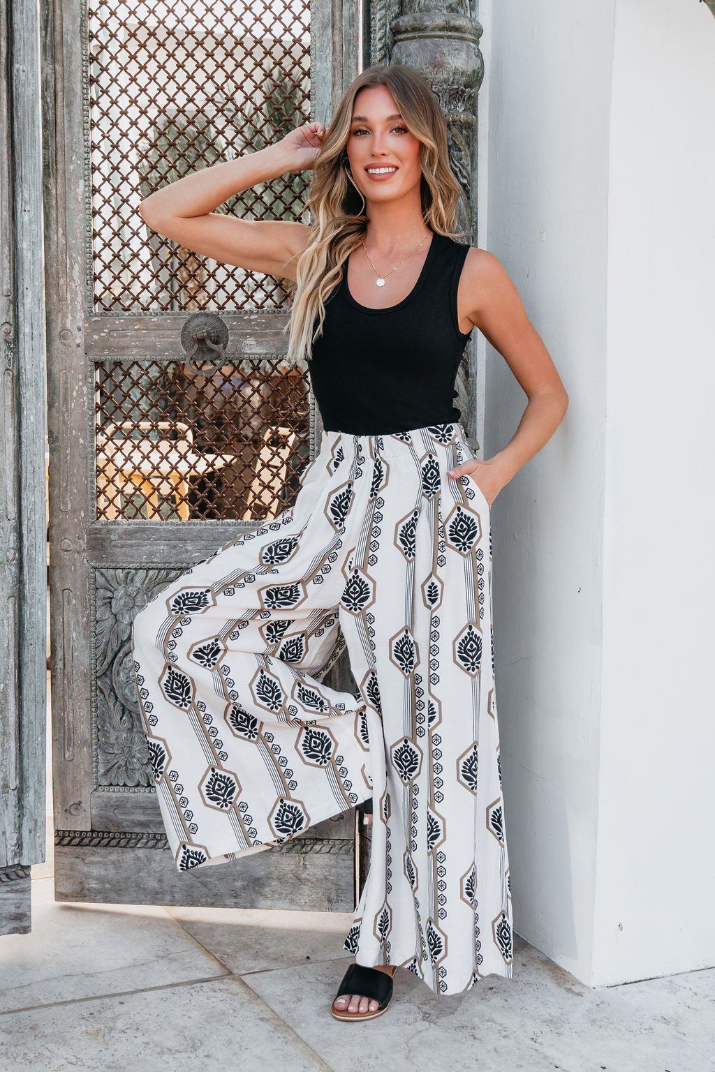 Ivory Print Wide Leg Pants