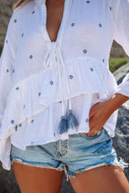 Ivory Ruffle Embroidery Peplum Top