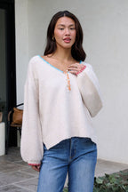 Ivory Stitch Trim Button Up Sweater - FINAL SALE