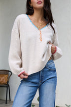 Ivory Stitch Trim Button Up Sweater - FINAL SALE