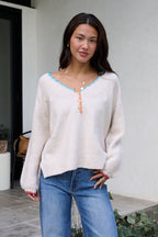 Ivory Stitch Trim Button Up Sweater - FINAL SALE