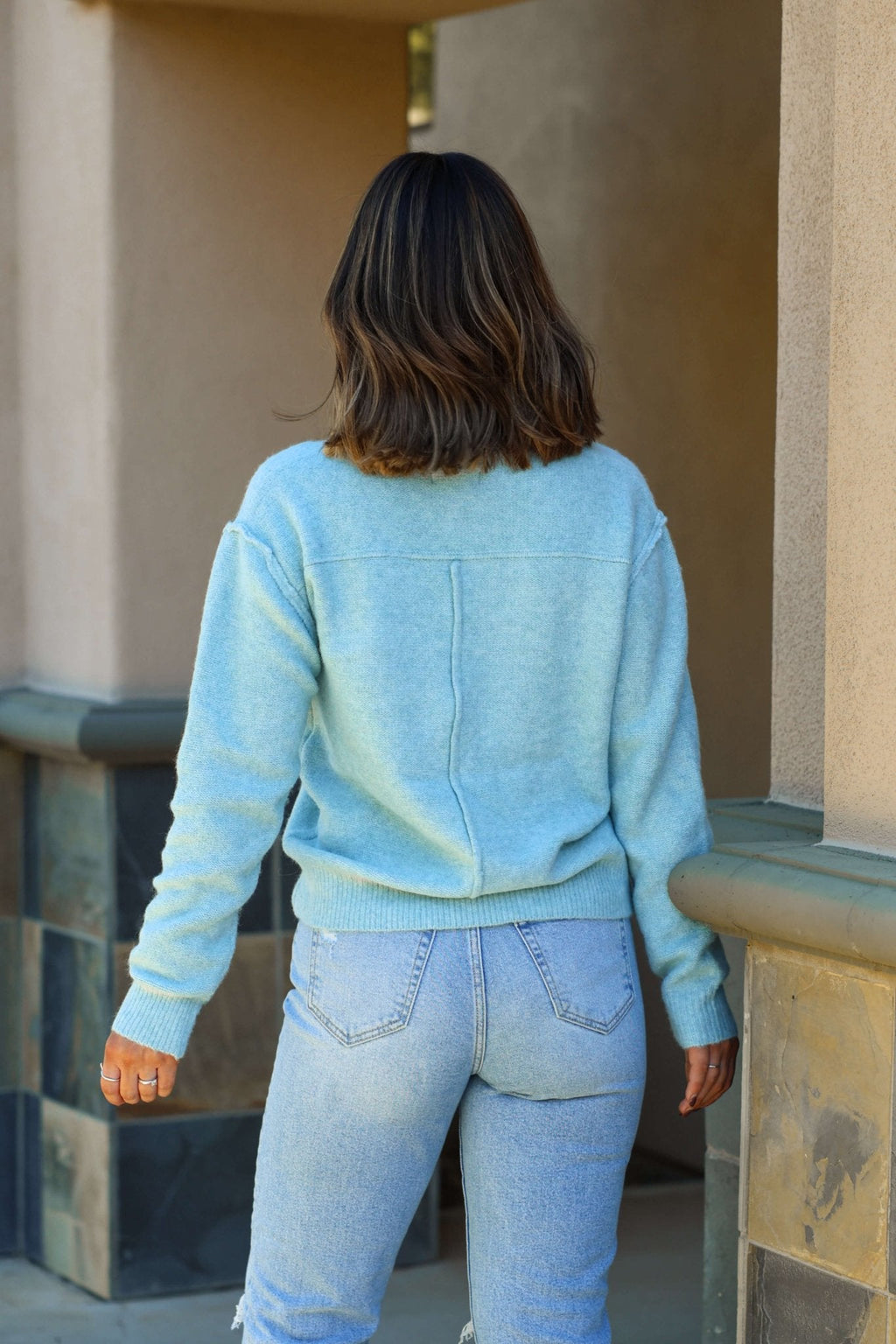 Light Teal Cozy V Neck Sweater - FINAL SALE