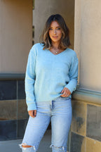Light Teal Cozy V Neck Sweater - FINAL SALE