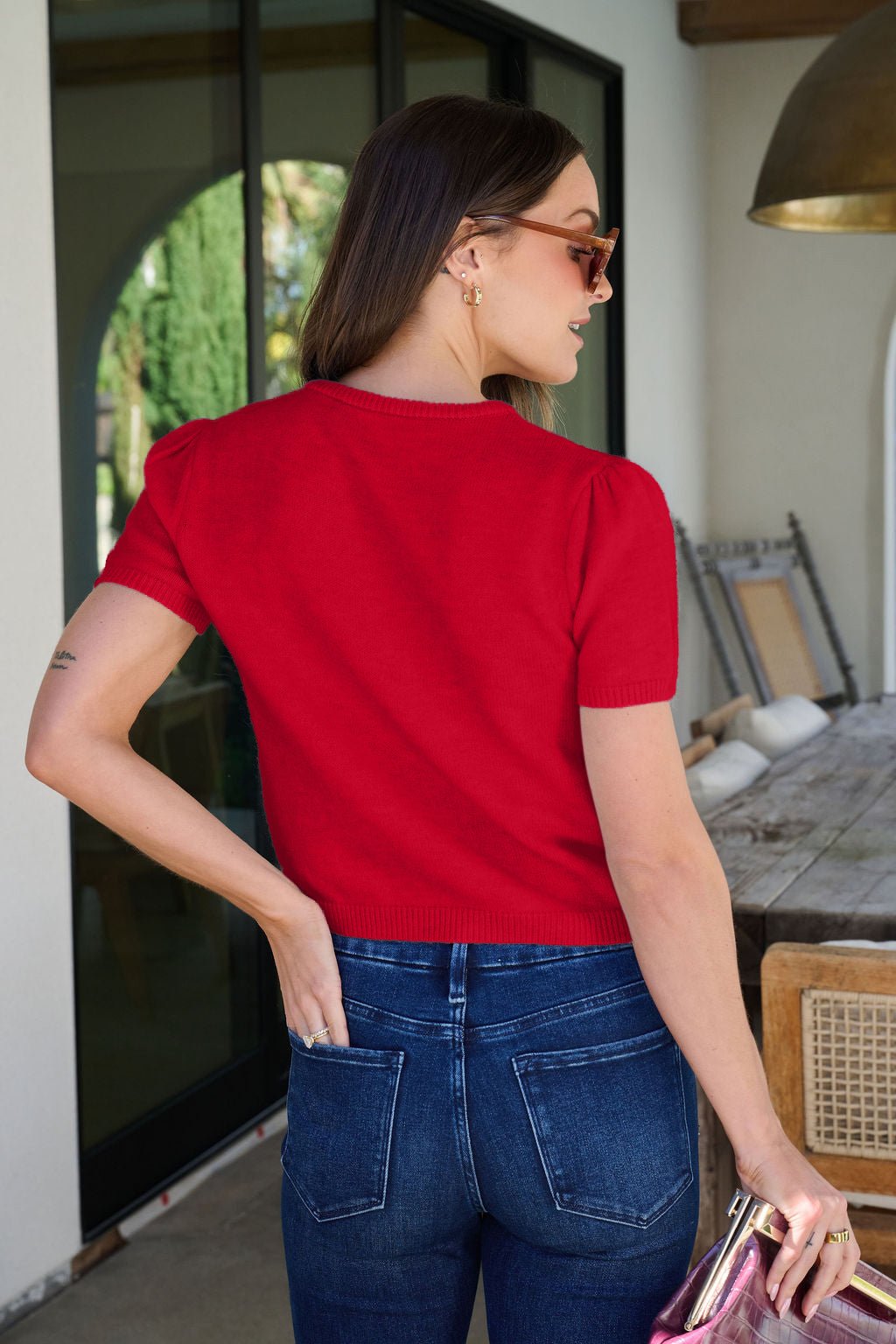 Maura Red Short Sleeve Sweater Cardigan