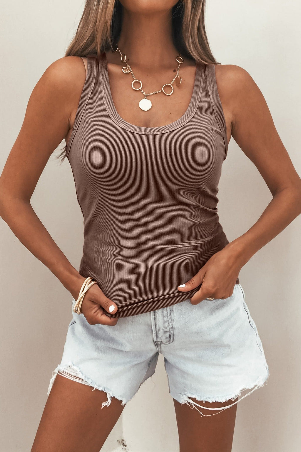 Mocha Ribbed Scoop Neck Tank Top