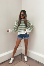 Multi Green Striped Boatneck Sweater