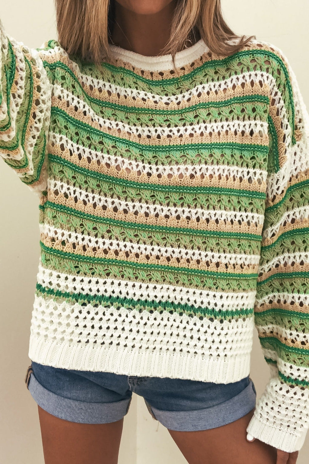Multi Green Striped Boatneck Sweater
