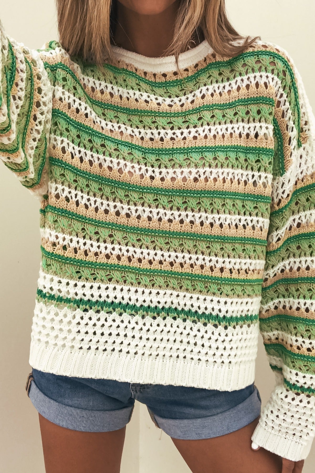 Multi Green Striped Boatneck Sweater