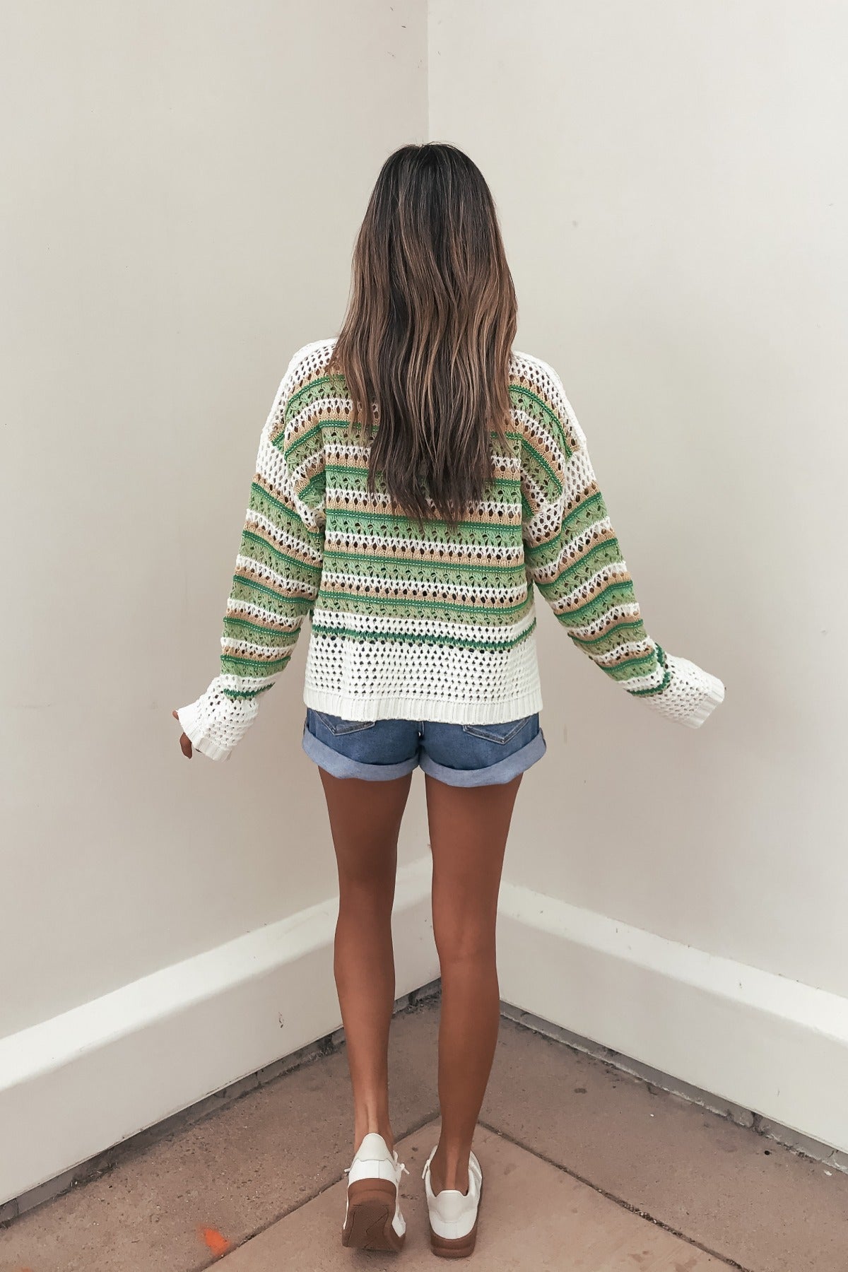 Multi Green Striped Boatneck Sweater