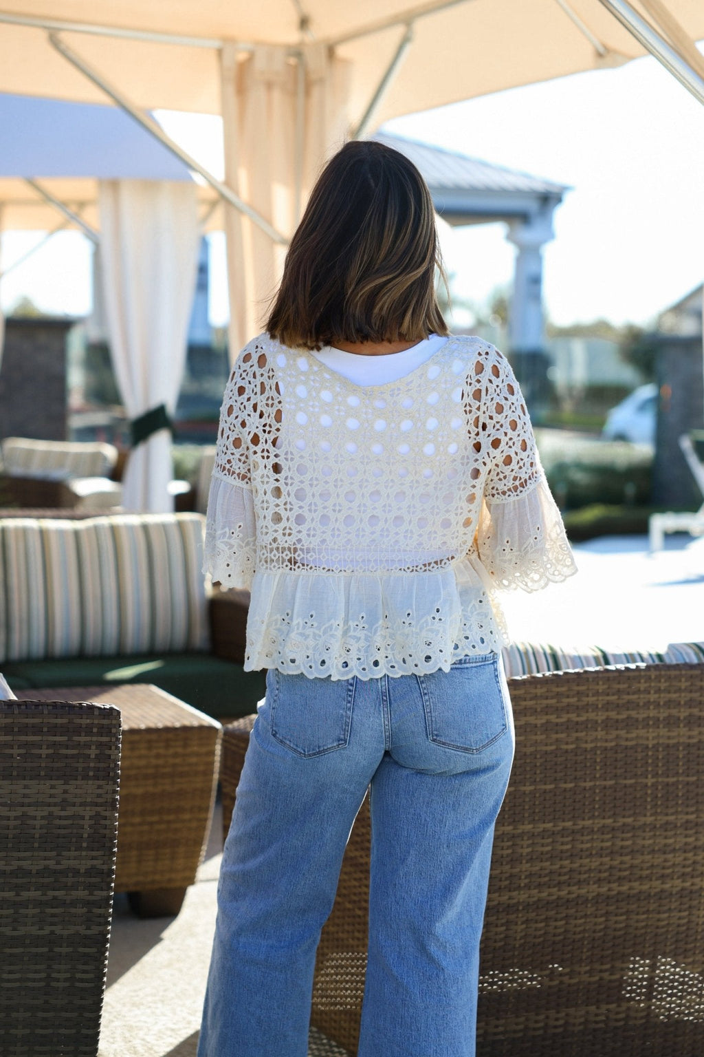 Natural Crochet Floral Eyelet Top