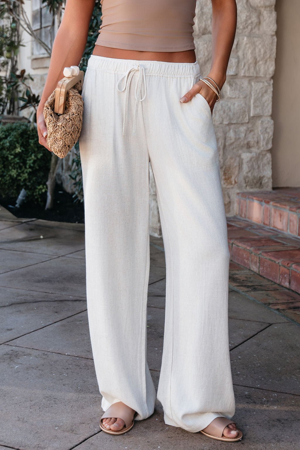 Natural Drawstring Wide Leg Linen Pants