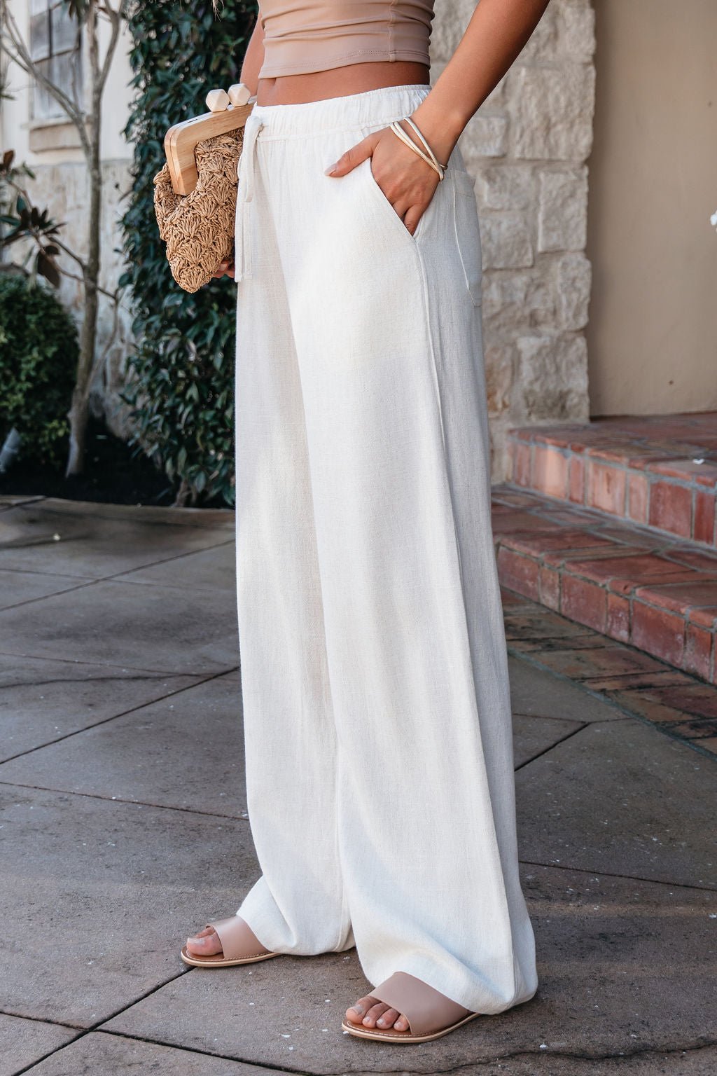 Natural Drawstring Wide Leg Linen Pants