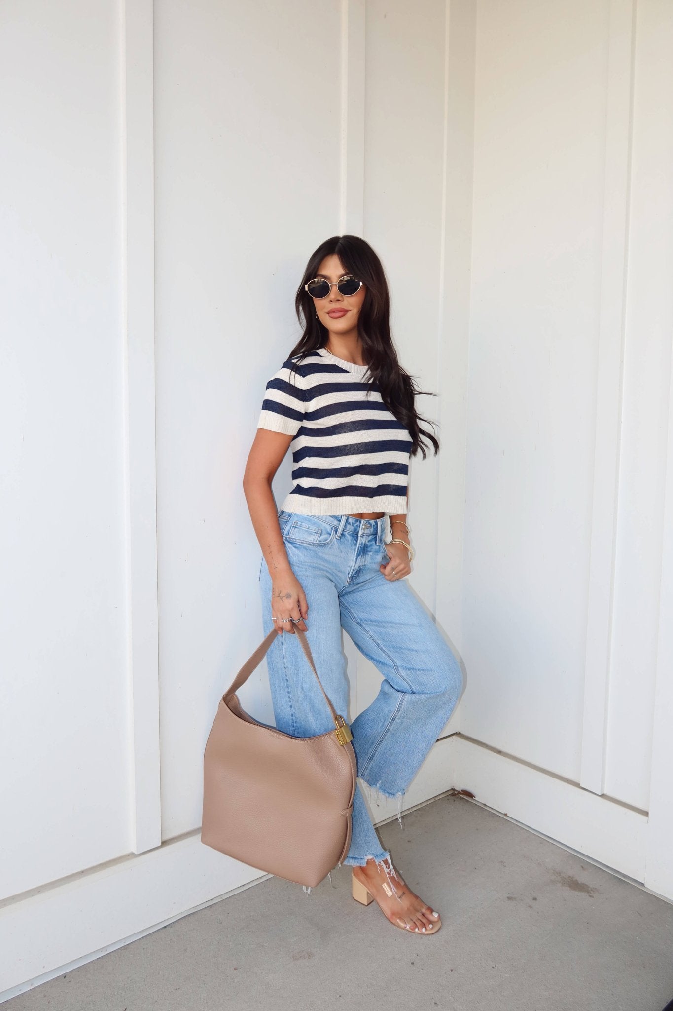 Navy and Cream Striped Short Sleeve Sweater
