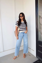 Navy and Cream Striped Short Sleeve Sweater