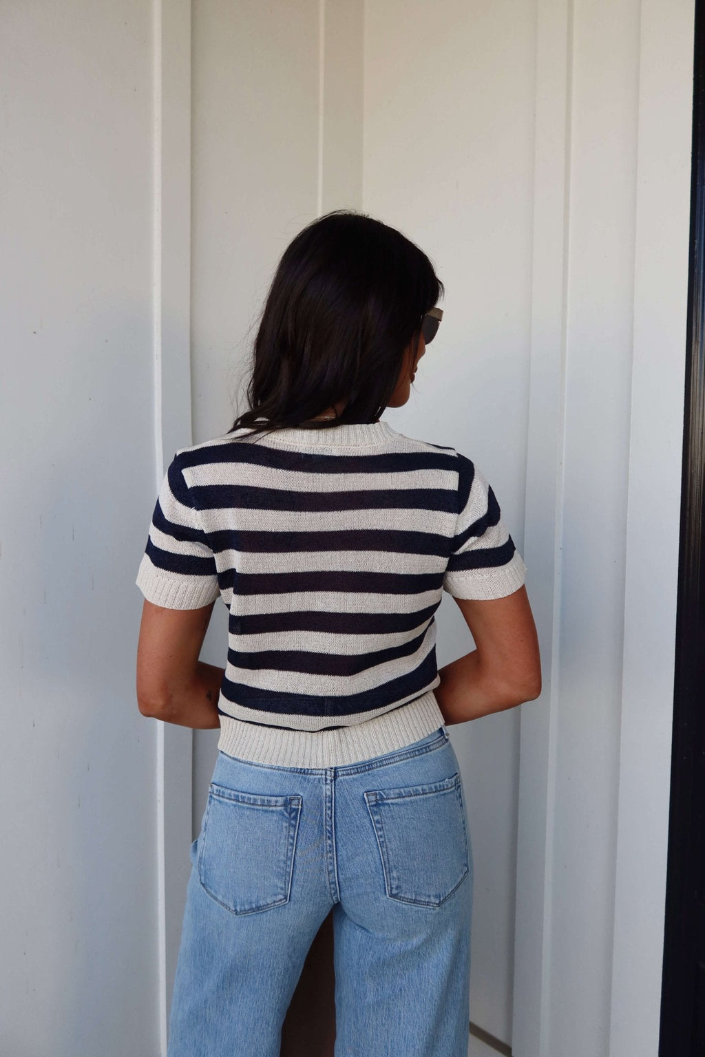 Navy and Cream Striped Short Sleeve Sweater