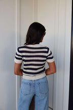 Navy and Cream Striped Short Sleeve Sweater
