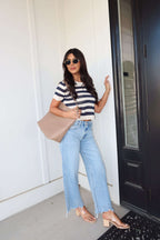 Navy and Cream Striped Short Sleeve Sweater