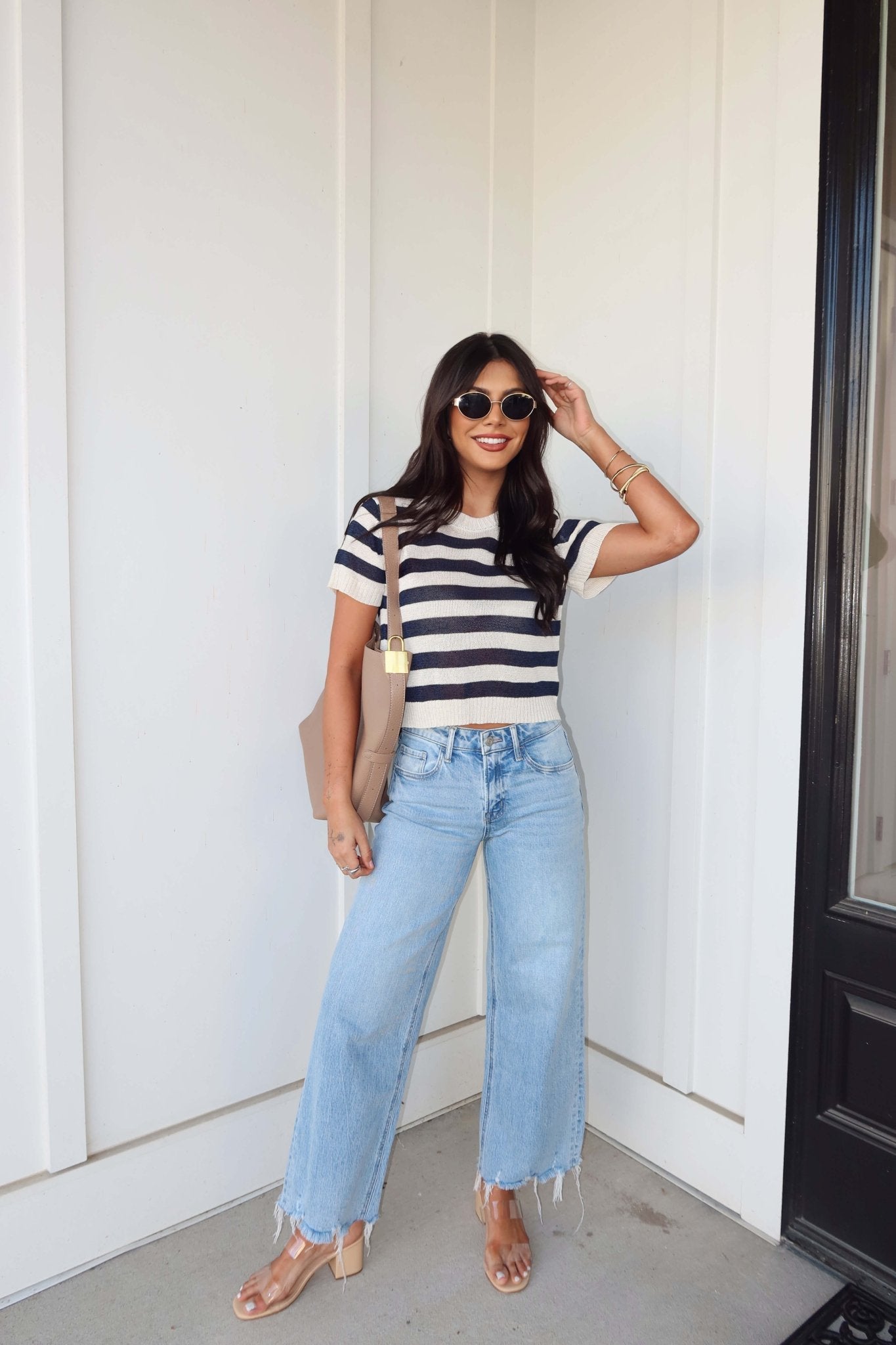 Navy and Cream Striped Short Sleeve Sweater