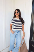 Navy and Cream Striped Short Sleeve Sweater
