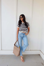 Navy and Cream Striped Short Sleeve Sweater