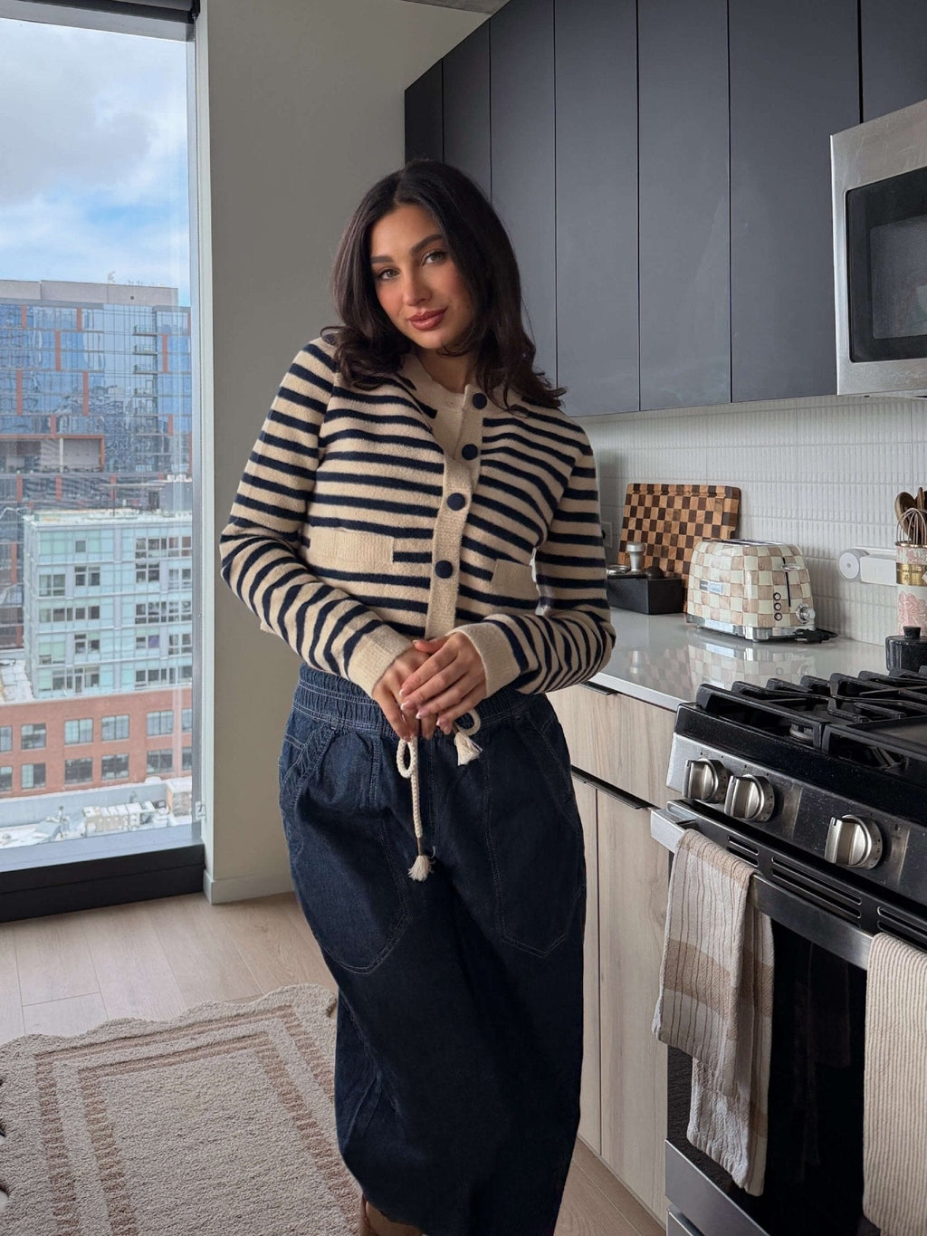 Navy and Tan Striped Button Down Cardigan - FINAL SALE
